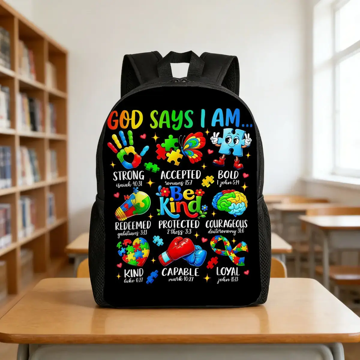 Kids' "Be Kind" Autism Awareness High-Capacity Synthetic School Backpack, Machine Washable & Dustproof, Ideal Holiday/Birthday Gift