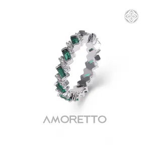 AMORETTO Emerald Cut Green Eternity Ring 18K Gold Plated Brass Diagonal Mosaic Band Modern Statement Jewelry Gift for Women