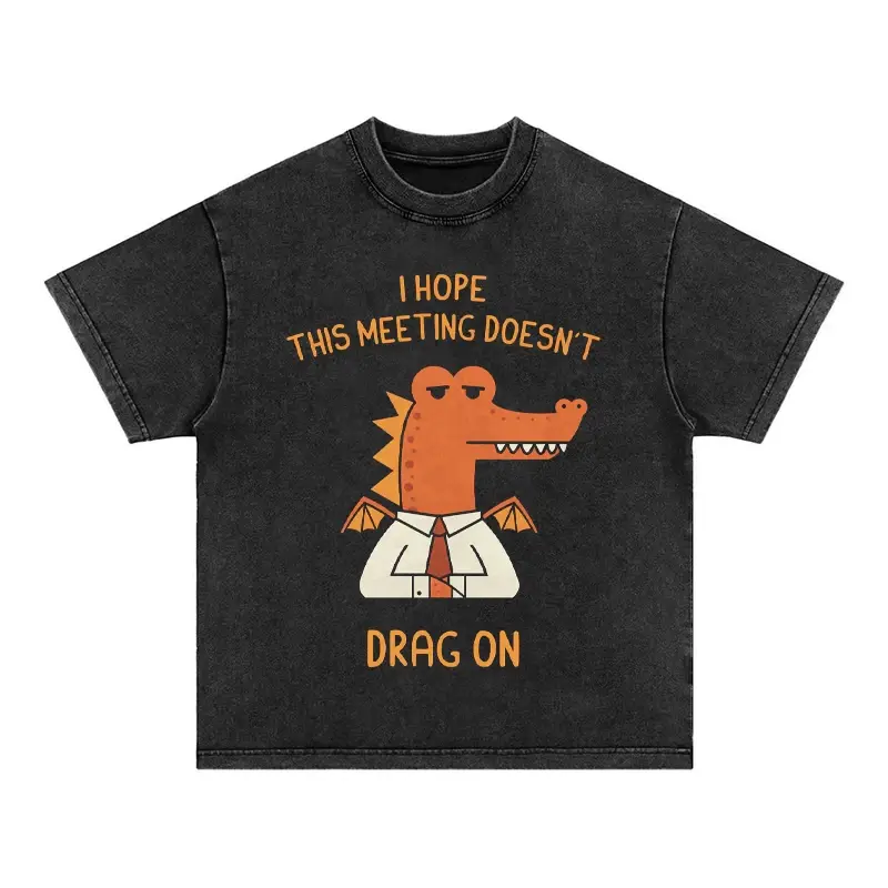 Men's Soft Oversized Unisex Short-Sleeve Round Neck Graphic Print Vintage Canvas Cotton Heavyweight Tshirt, Funny Corporate Humor Dragon Pun "I Hope This Meeting Doesn't Drag On" Office Coworker Gift Top