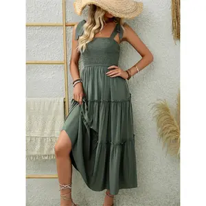 Women's Ruffle Hem Shirred VintageCami Dress, Bohemian Comfort MuftiClothes, Frill Trim Backless Dress,  Dresses for Women, LadyBack To School Clothing for BeachHoliday Casual Wear