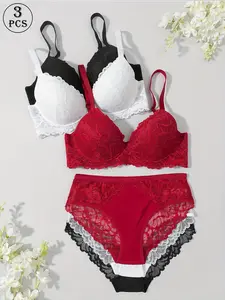 3 Sets of Lace Bra Sets, Breathable And Comfortable, Non-Removable Chest Pads, Adjustable Shoulder Straps, Women'S Sexy Underwear Briefs