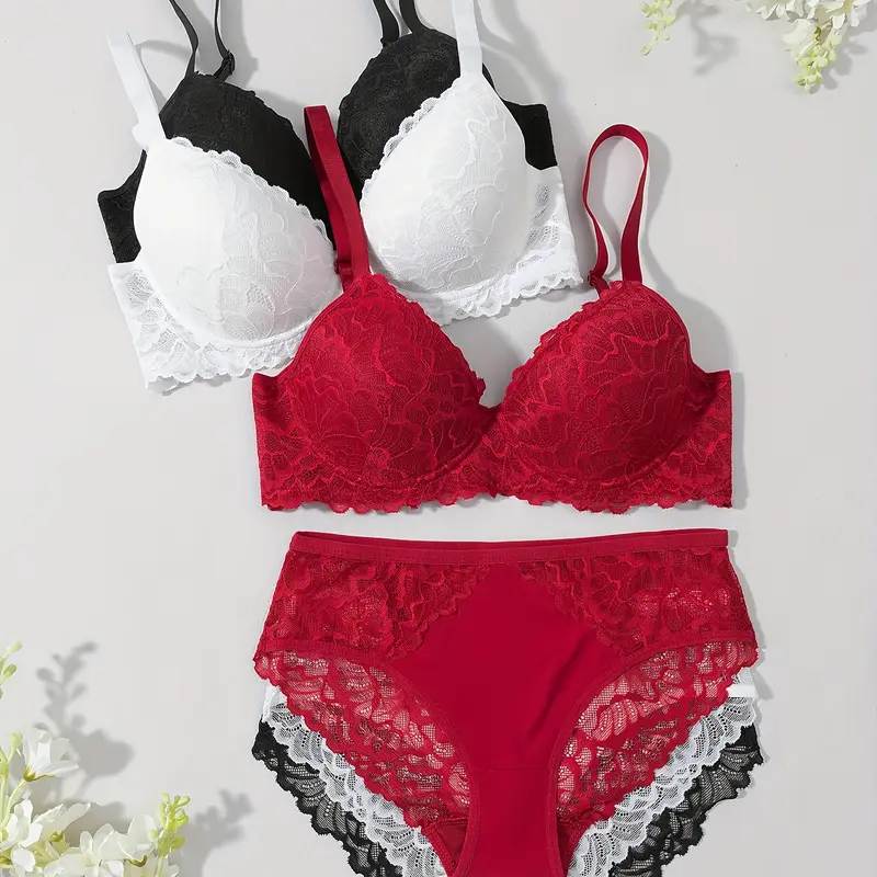 3 Sets of Lace Bra Sets, Breathable And Comfortable, Non-Removable Chest Pads, Adjustable Shoulder Straps, Women'S Sexy Underwear Briefs