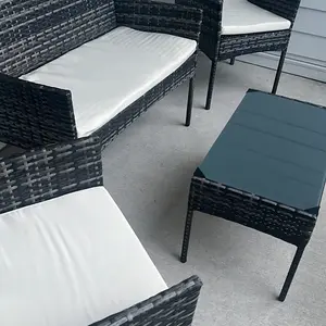 4 Piece Patio Furniture Set, Outdoor PE Rattan Conversation Set with Washable Cushions & Tempered Glass Tabletop, Wicker Chairs and Table Set for Porch, Garden, Balcony (Grey)