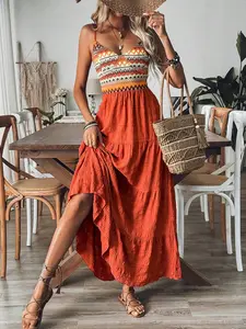 Vacation Style Geometric Stripe Contrast Color Layered Ruffle Hem Dress With Spaghetti Straps For Summer