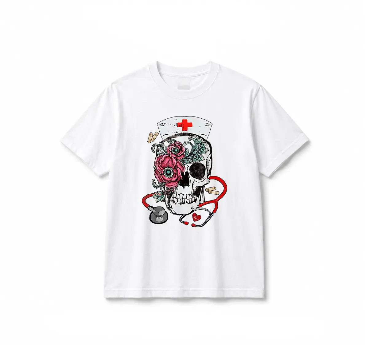Women's Nurse Skull Casual Cotton Tee - Halloween Rose Skull Design Shirt, Gift For Nurses, Halloween Outfit