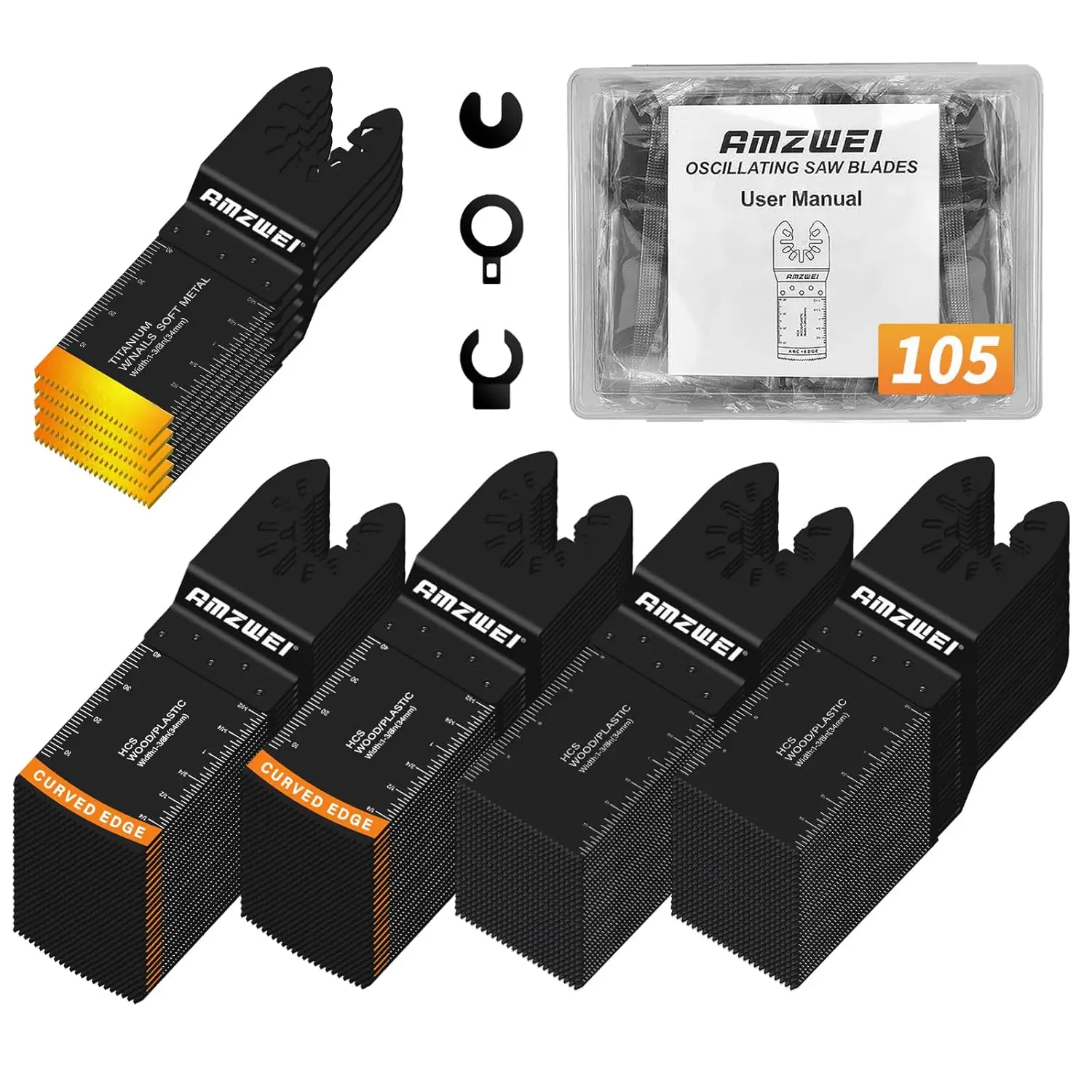 AMZWEI 105PCS Titanium Oscillating Saw Blades, Quick Release Multitool Blades Kit, HCS Tool Blades for Wood Plastic Metal Nails Bolts, Compatible wit