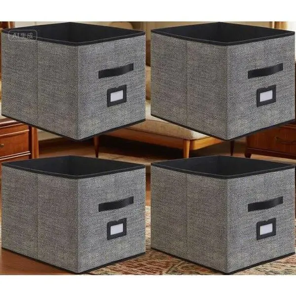 4-Pack Extra Large Collapsible Fabric Storage Bins Set - Reusable Cloth Organizers with Handles, Label Holders, 13x15x13 In, Black Decor-Friendly Space-Saving Boxes for Home Office