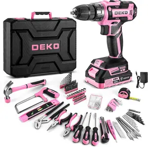 Pink Power Drill Tool Kit Set: 20V Cordless Electric Drill, Driver, Tool Box with Battery