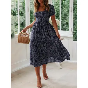 Polka dot ruffled skirt, casual square-neck short-sleeved dress, women's clothing
