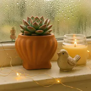 Mini Terracotta-Style 3D Printed Succulent Planter 4 Inch Decorative Pot for Home Decor with String Lights and Bird Figurine