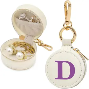 Mini Initial Travel Jewelry Case Ring Holder, Beige Faux Leather Small Jewelry Organizer Box Gifts for Women Girls Nurse Teacher, Gym Travel Accessories Keychain Pouch for Earrings Rings Necklace D