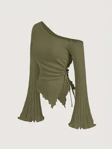 Women's Plain & Leopard Asymmetrical Neck Flounce Sleeve Tee, Casual Long Sleeve T-shirt for Fall & Winter, Women's Clothing for Daily Wear, Casual Classy Fashion