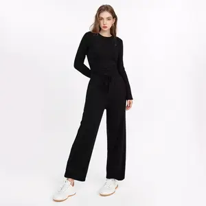 Elegant Solid Color Long Sleeve Drawstring Fashion Outfit, Stretchy Lounge Pajama Set for women, Crew Neck Top & Drawstring Pants Set for