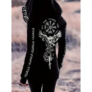Viking Pattern Vintage Gothic Style Hoodie, Casual Zipper Long Sleeve Drawstring Hoodies Sweatshirt, Women's Clothing Fabric Fit sweatshirts