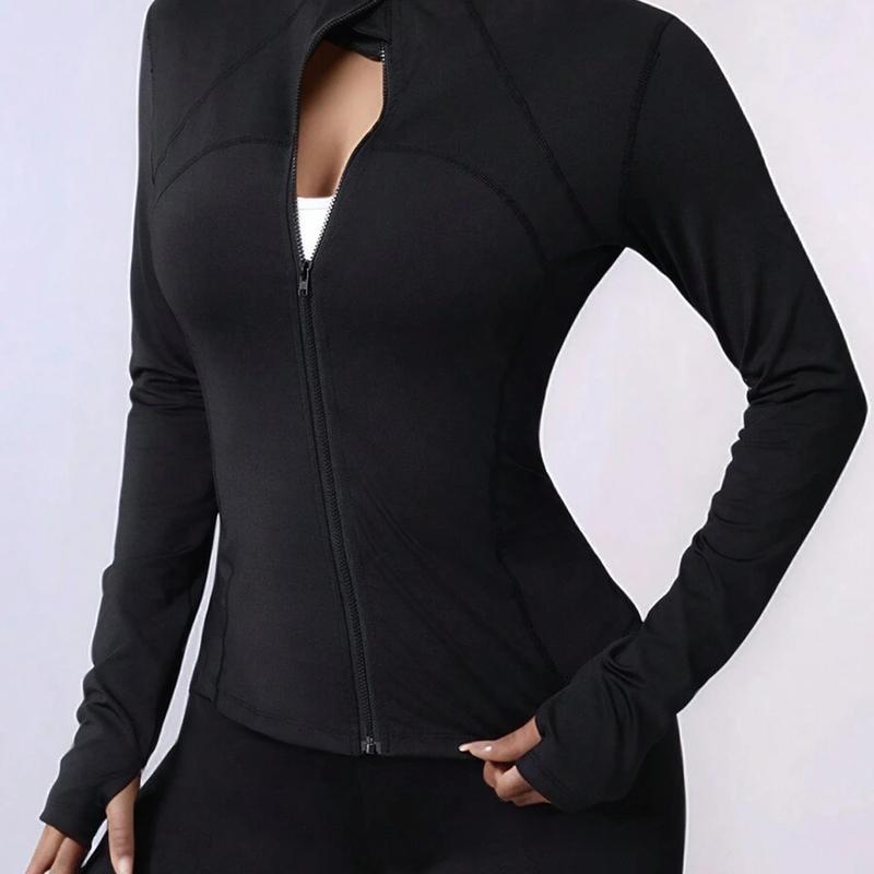 Zipper Long Sleeve Sports Jacket for Plus Size Women, Slim Fit, Thumb Hole Cuffs, Gym Yoga Running Outerwear season lady