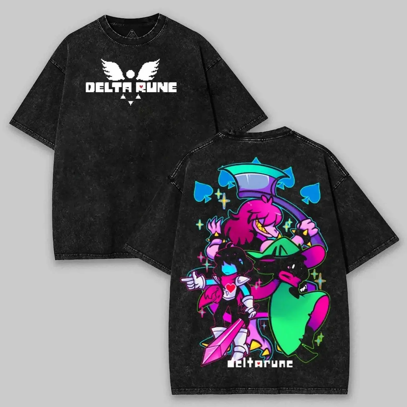 Deltarune 'The Trio' Kris, Susie, and Ralsei Graphic Tees Washed Tee Game Acid Washed Lightweight Cotton TSHIRT, Gift For Gamer Men's Regular, men gifts graphic tee Fabric Menswear Streetwear Round Neck MJ7
