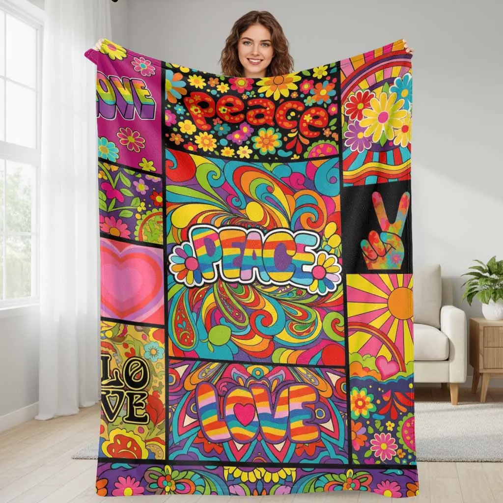 Boho Style Blanket - Retro Hippie Psychedelic Floral Print Flannel, Cozy Aesthetic Wrinkle Resistant Multi-Size Soft Lightweight Warm Decorative Throw for Living Room, Boho Bedding Meditation Space, 40 To 56 In