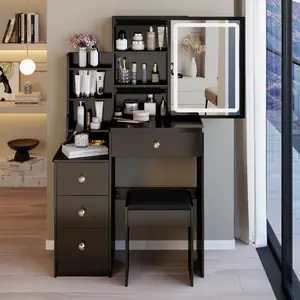 29.2" Small Size Left Bedside Cabinet Vanity Table + Cushioned Stool, Large Sliding, Touch Control, Tri-color Switching, Brightness Adjust LED Mirror, High Capacity Storage, Suitable for Small Space vanity  without  let vanity  with  chair