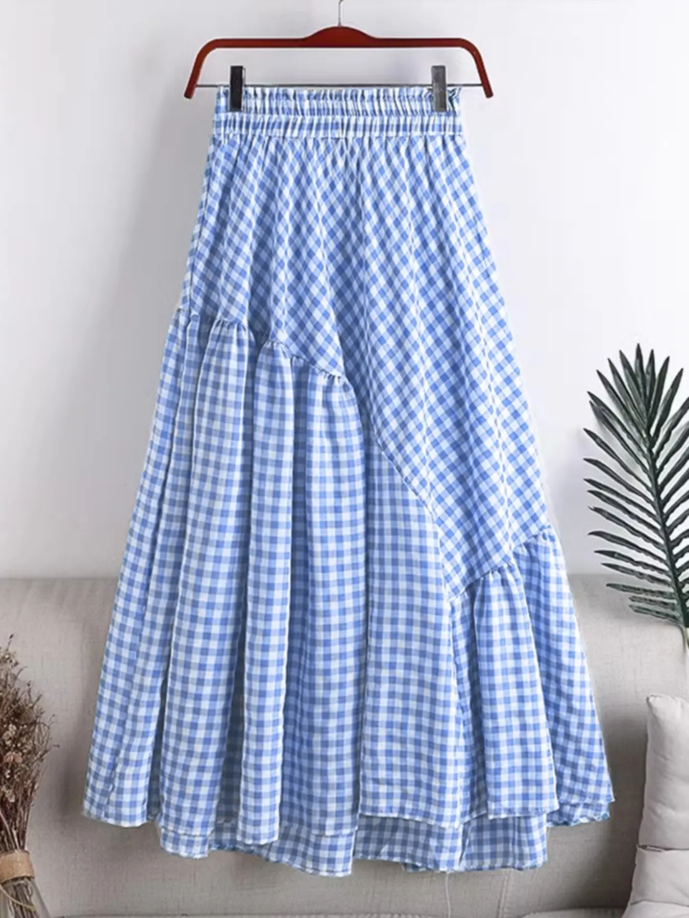 ZANZEA Women's Casual Loose-Fitting Plaid Patchwork Print Asymmetrical Hem Long Skirt - Elastic Waist, No Pockets, All Seasons Womenswear Bottom, Fashionable Comfortable Daily Wear Skirt, Casual Comfy Skirt