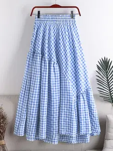 ZANZEA Women's Casual Loose-Fitting Plaid Patchwork Print Skirt - Elastic Waist, No Pockets, All Seasons Womenswear Bottom, Fashionable Comfortable Daily Wear Skirt