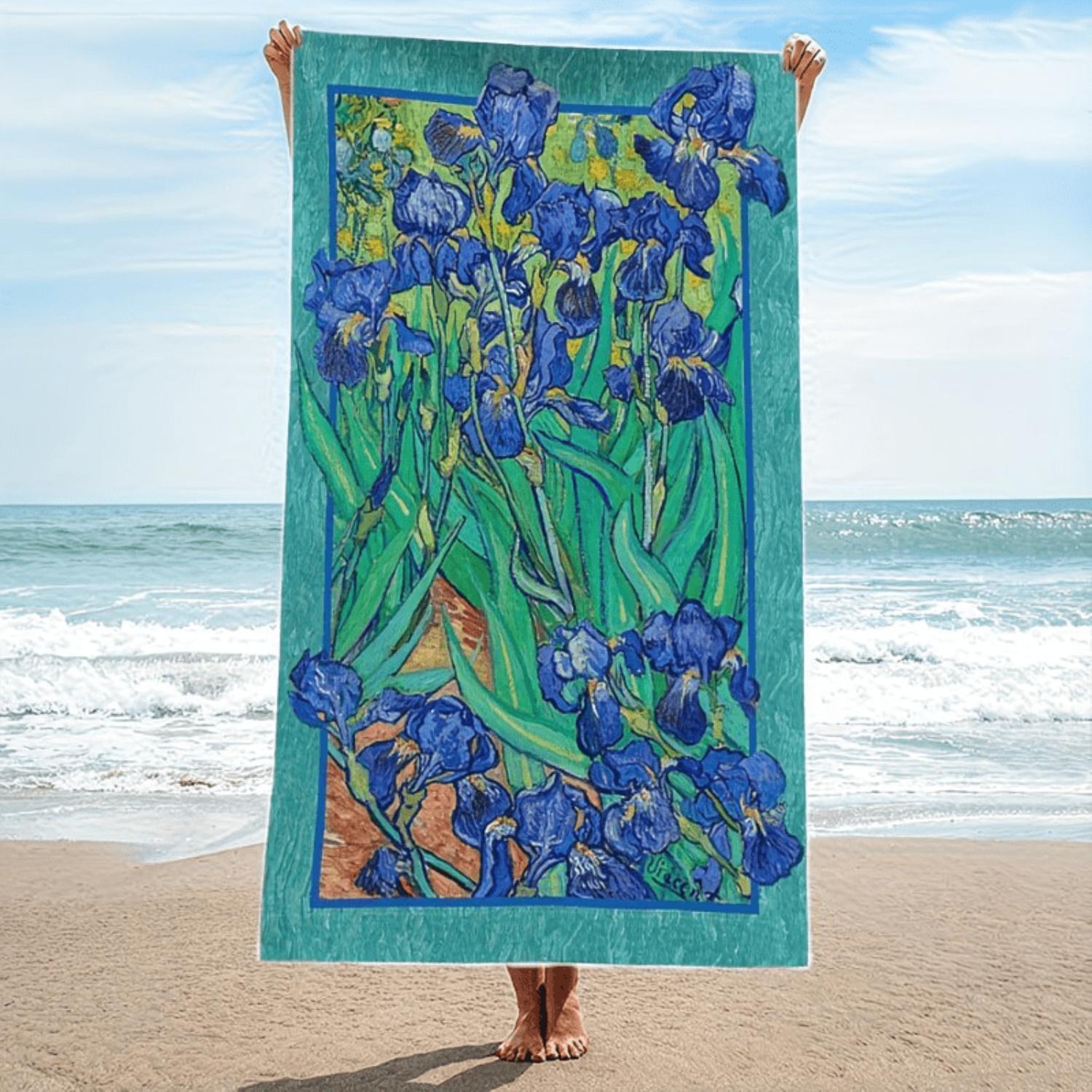 1-Pack Van Gogh Iris Beach Towel: Artistic Design for Summer Fun, Large Quick-Drying Polyester Beach Towel with Sand and Sun Protection, Lightweight & Comfortable
