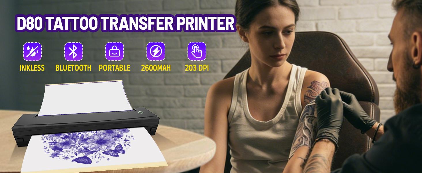 Tattoo Stencil Printer, Bluetooth Thermal Tattoo Printer Machine, D80 Portable Stencil Printers for Tattooing with 10pcs Transfer Paper, Compatible with iOS, Android and PC (Black)