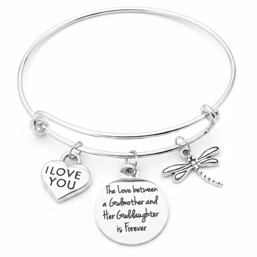 Godmother Goddaughter Bracelet – 'The Love Between a Godmother and Her Goddaughter is Forever' Silver Charm Bangle