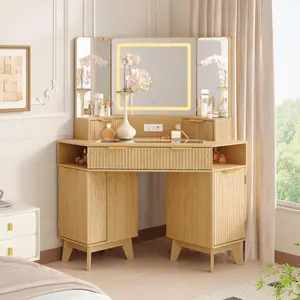 Garvee 48" Fluted Makeup Vanity with Power Outlet, 3-Color Lights,Corner Vanity Desk with 3 Mirrors, Tempered Glass Top, 3 Drawers, 2 Cabinets & 2 Shelf Rack for Bedroom,Dressing Room,Oak Color