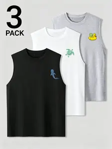 Men's 3-Pack Ocean Animal Print Sleeveless Tank Tops, Whale Turtle Duck Designs, Casual Loose-Fit Long Top, Geometric Pattern