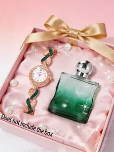 2pcs Elegant Luxurious Synthetic Emerald Quartz Watch with Matching Fragrance Set, Perfect Gift for All Occasions Including Valentine's Day and Mother's Day