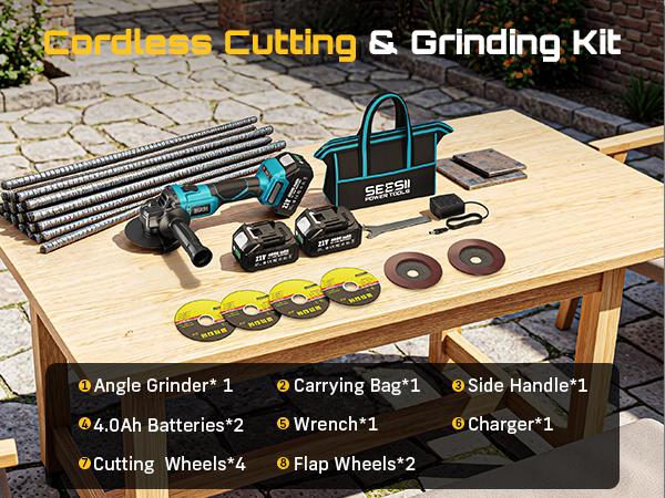 SEESII Cordless Angle Grinder Kit with 2x4.0Ah Batteries, 10000RPM Brushless Electric Metal Grinder w/ 4-1/2" Cutting Wheel, Flap Wheel, and Wool Carving Wheel for Precision Cutting & Grinding#fathersdaygift fathersdaygift