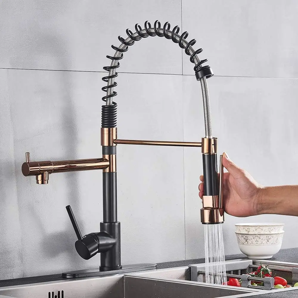 Kitchen Faucet With Pull-down Spray,Single Handle Dual Spout Commercial Kitchen Sink Faucet High Arc Spring Faucet 1Hole Deck Mount,Suitable for Farmhouse Camper Laundry Rv Bar
