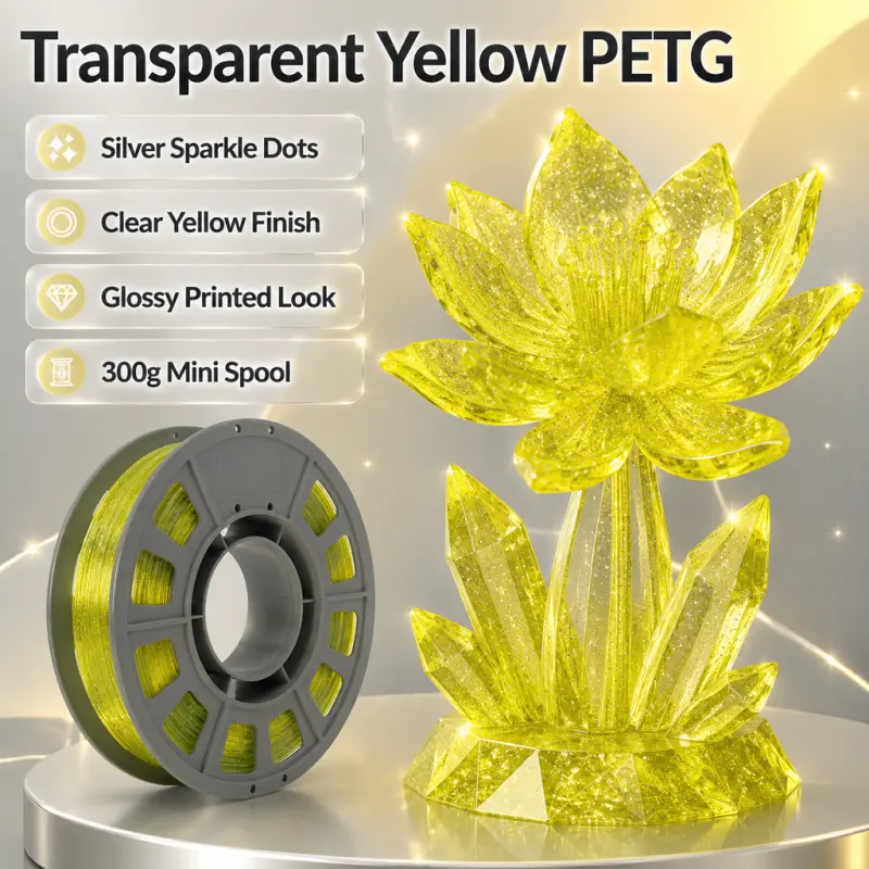 1.75mm Transparent Yellow-Green with Silver Speckle PETG 3D Filament (300g), Sunny Glow Sparkle Effect, Low Warpage, No Clogging, Flexibility, for Nature-Inspired Decor, Custom Gifts, Lighting Fixtures, Compatible with All FDM Printers