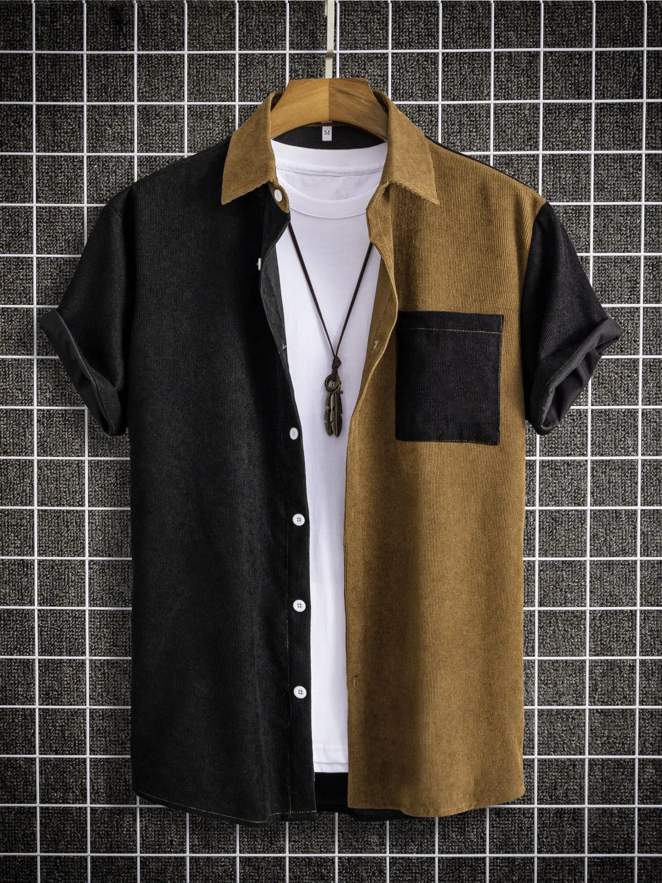 Men's Regular Fit Colorblock Pocket Button Front Shirt, Summer Outfits 2024, Casual Streetwear Corduroy Short Sleeve Collared Top for Summer, Fashion