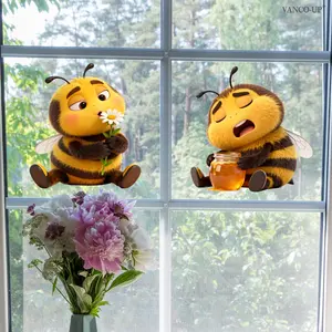 2D Flat 30×30cm*2Pcs Cartoon Plush Expression Bee Static Window Clings for Kids Bedroom Decor