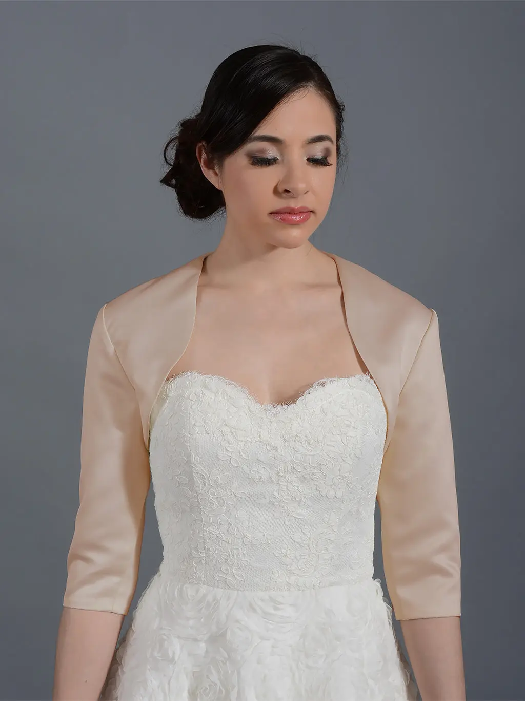 Champagne 3/4 sleeve wedding satin bolero jacket