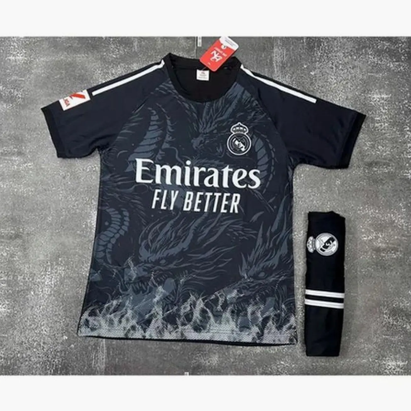 Real Madrid Style Dragon Soccer Kit 2024, Black Football Jersey and Shorts