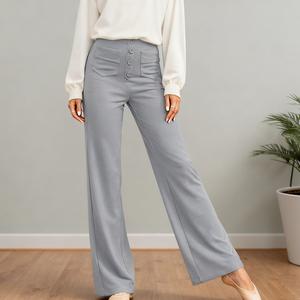 Women's High Waist Casual Pants with Pockets and Button Fitted Stylish All Seasons Elegant Grey Rayon Nylon Spandex Basic Minimalist Bottoms summerwins