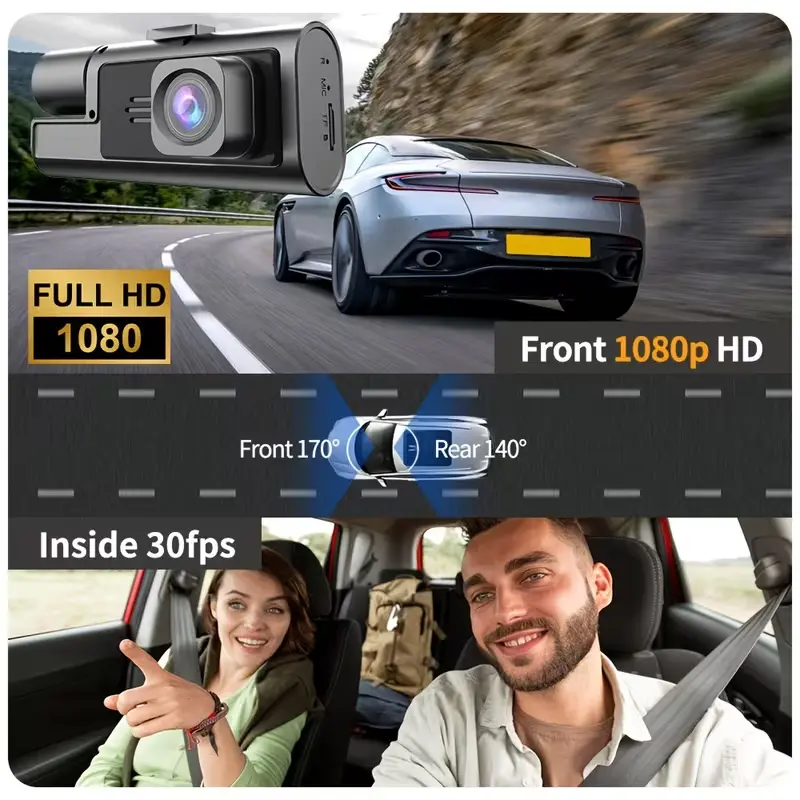 2-Channel 1080P Dash Cam with Front 1K & Inside 720P Dual Car Cameras, HDR, IR Night Vision, G Sensor, WDR, Parking Mode (No TF Card Included)