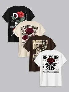 Men's Letter Print T-Shirt Set, Soft Fabric, Short Sleeve, Casual Street Style, Rose Flower Pattern, Unisex Fashion, All Seasons