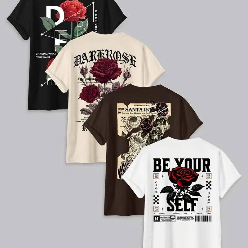 Men's Letter Print T-Shirt Set, Matching, Soft Fabric, Short Sleeve, Casual Streetwear Style, Rose Flower Pattern, Floral, Unisex Fashion, All Seasons, Tops, Menswear