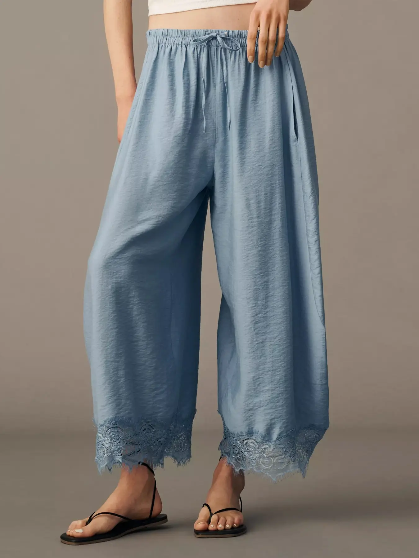 Lace Trim Wide Leg Pants, Millennial Retro Sweet Style Elastic Waist Drawstring Adjustable Long Pants, Lightweight Loose Fit Daily Casual Streetwear Light Blue Women's Trousers Bottoms