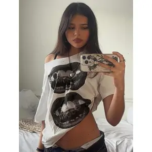 Women's Graphic Print Asymmetrical Neck Tee, Fashion Loose Casual T-shirt for Daily Holiday Vacation Outdoor Wear, Ladies Clothes for Summer, Womenswear, Streetwear, Tshirt