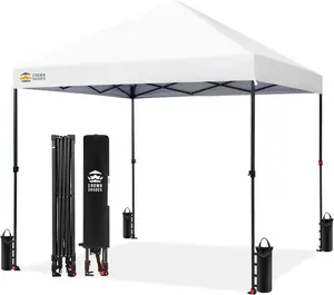 CROWN SHADES 8x8 Pop Up Canopy - Patented Center Lock One Push Instant Outdoor Canopy Beach Tent with STO-N-Go Bag 8 Stakes & 4 Sand Bags，White