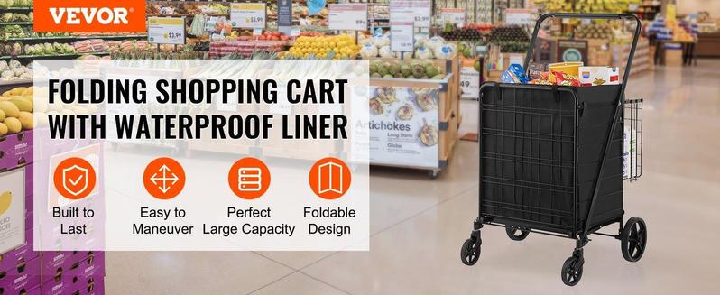 VEVOR Folding Shopping Cart with Removable Waterproof Liner, Max 330LBS Large Capacity Jumbo Grocery Cart with Dual Basket, 360° Swivel Wheels, Dense Metal Mesh Base, Heavy Duty Utility Cart