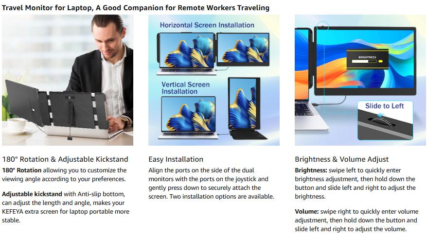 KEFEYA Laptop Screen Extender 14", FHD 1080P IPS Laptop Monitor Extender Dual Screen, Portable Monitor for Laptops 13-17" with USB-C/HDMI Port, Plug n Play for Windows/Mac/Android/Switch/PS5