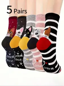 5 Pairs Cute Cat Pattern Crew Socks, Cartoon 3D Ear Design, Soft Breathable Comfort, Striped Sports Socks for Women & Teens