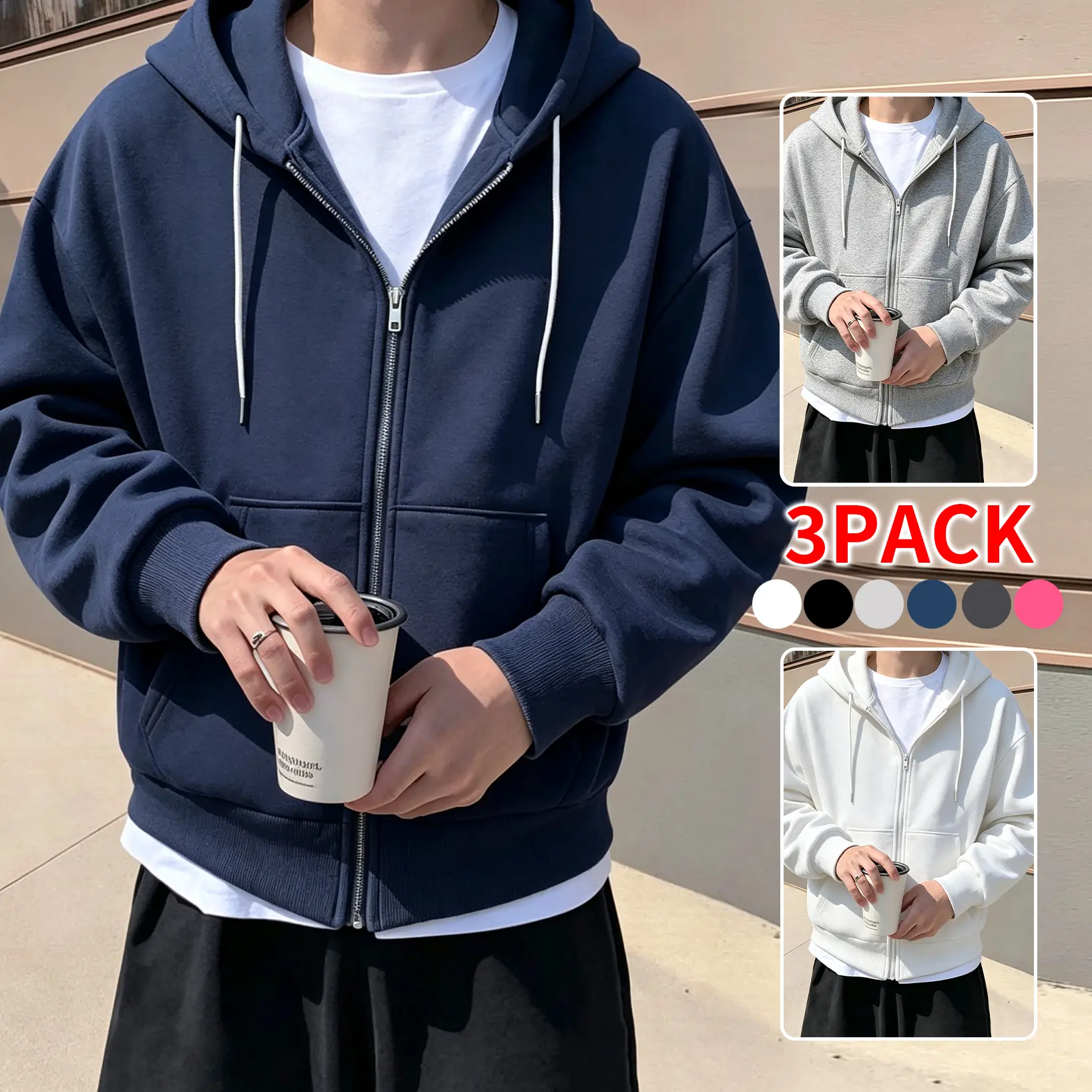 3-Pack Men’s Zip Up Hoodies, Loose Oversized Fit Cotton Blend Full Zip Hooded Sweatshirts, Adjustable Drawstring Hood, Front Kangaroo Pockets, Long Sleeve Casual Outerwear For Autumn Winter Daily Streetwear Outdoor Leisure Outfits