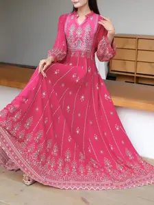 Middle Eastern Women's Ethnic Embroidered Dress, Bohemian Stand Collar Floral Print Long Dress, Perfect for Vacation and Beach Wear, Fashion Casual Clothing