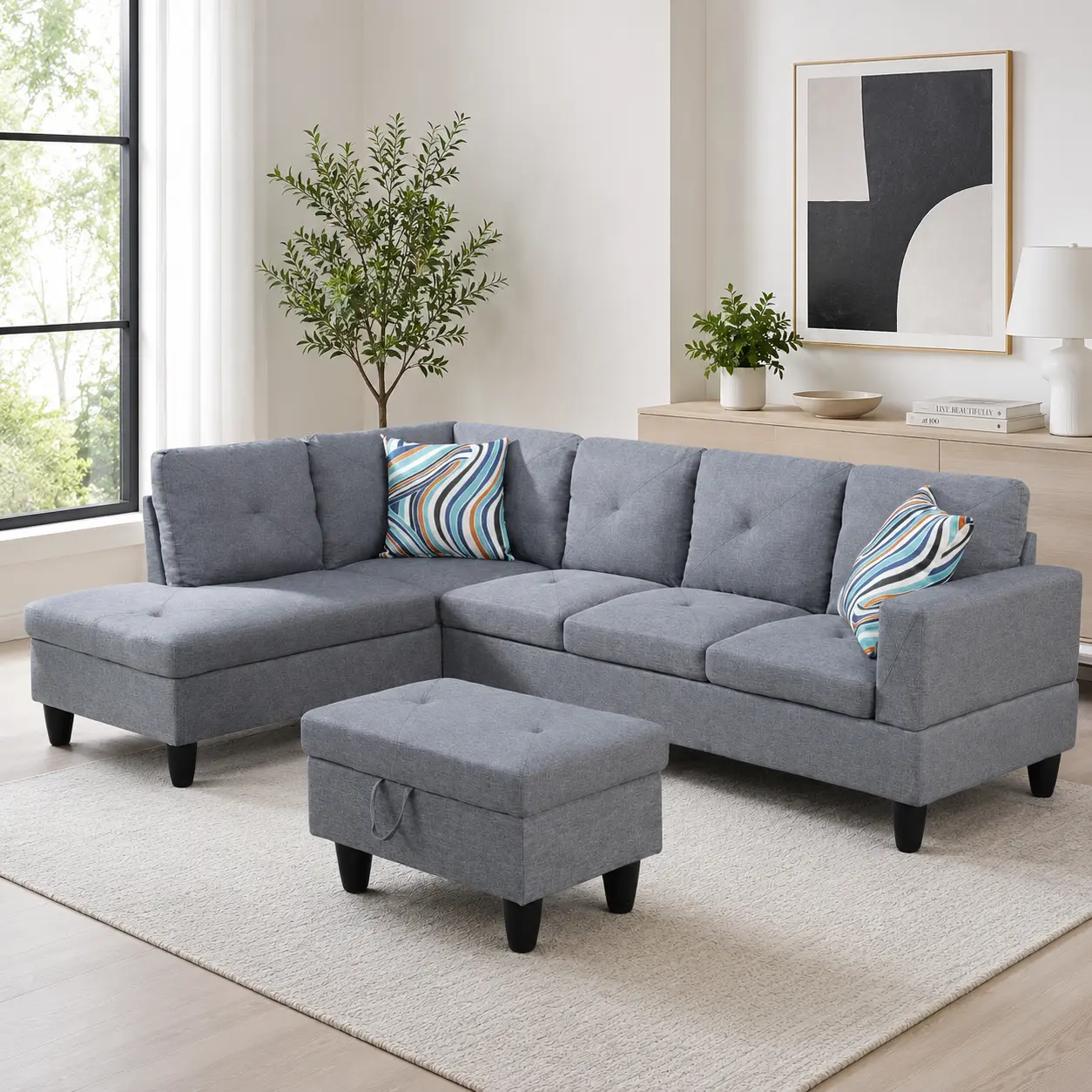 L Shaped Sectional Sofa with Storage Ottoman, Dark Grey Fabric Couch Set with Left or Right Chaise, Modern 3 Piece Sofa for Living Room Apartment
